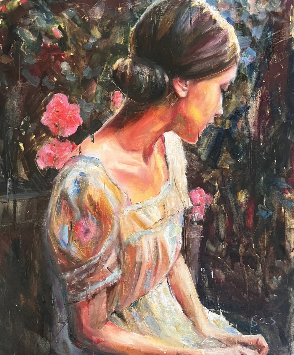Expressive Portrait Oil Painting By Liubou Sas, 20 X 24", Woman In The Garden, Original Artwork