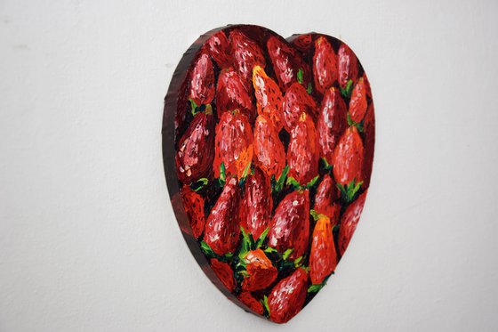 Strawberry oil painting on heart shape canvas, red berry original wall art