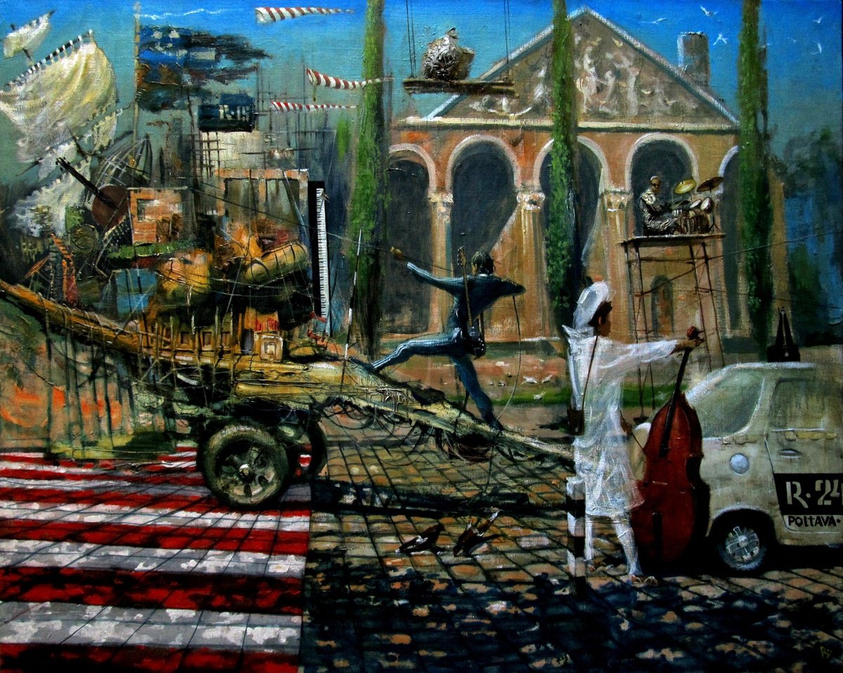Surrealistic Landscape Oil Painting By Serhiy Roy, 31 X 26", On Concert Tours, Original Artwork