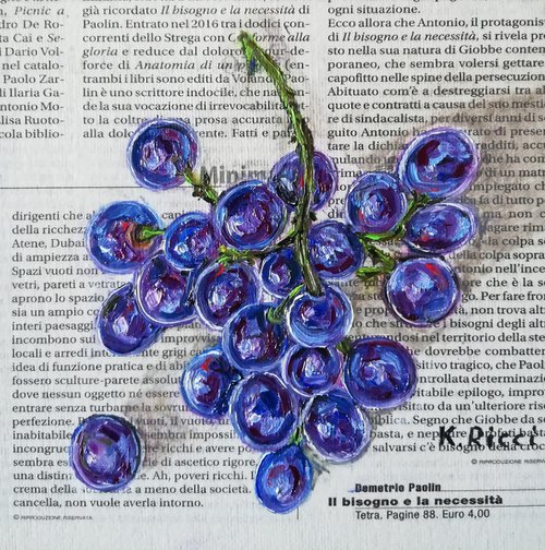 "Grapes on Newspaper" Original Oil on Canvas Board Painting 6 by 6 inches (15x15 cm) by Katia Ricci