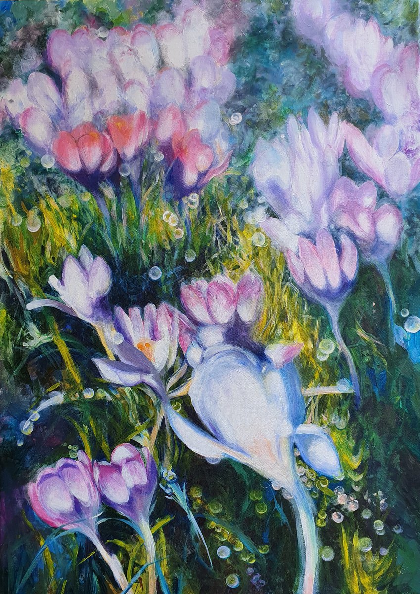 Impressionistic Botanical Acrylic Painting By Sonata Art, 20 X 28", Inner Glow - Crocus Field In The Garden, Original Artwork