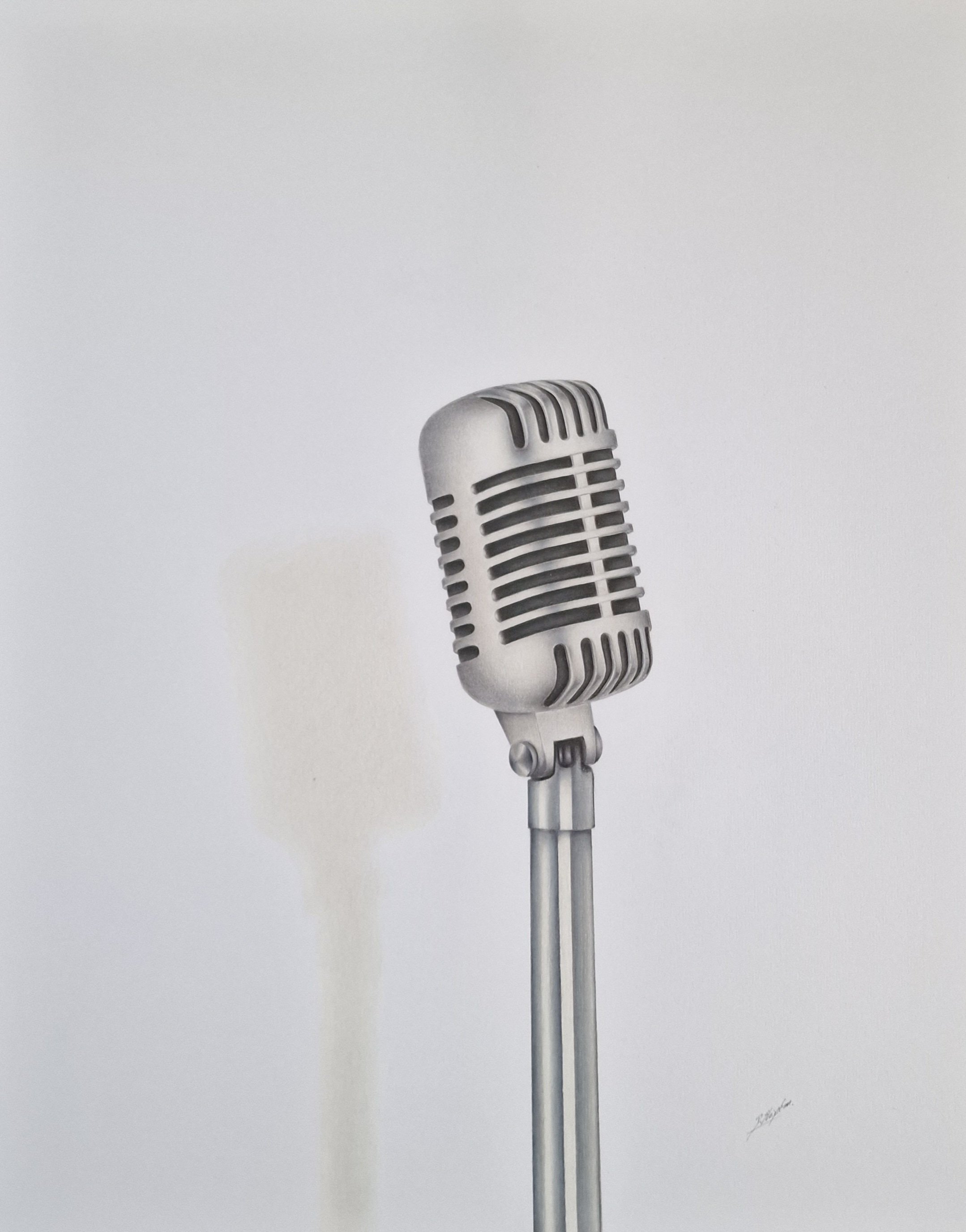 Photorealistic Still Life Pencil Drawing By Daniel Shipton, 16 X 20, Rock N Roll Microphone, Original Artwork
