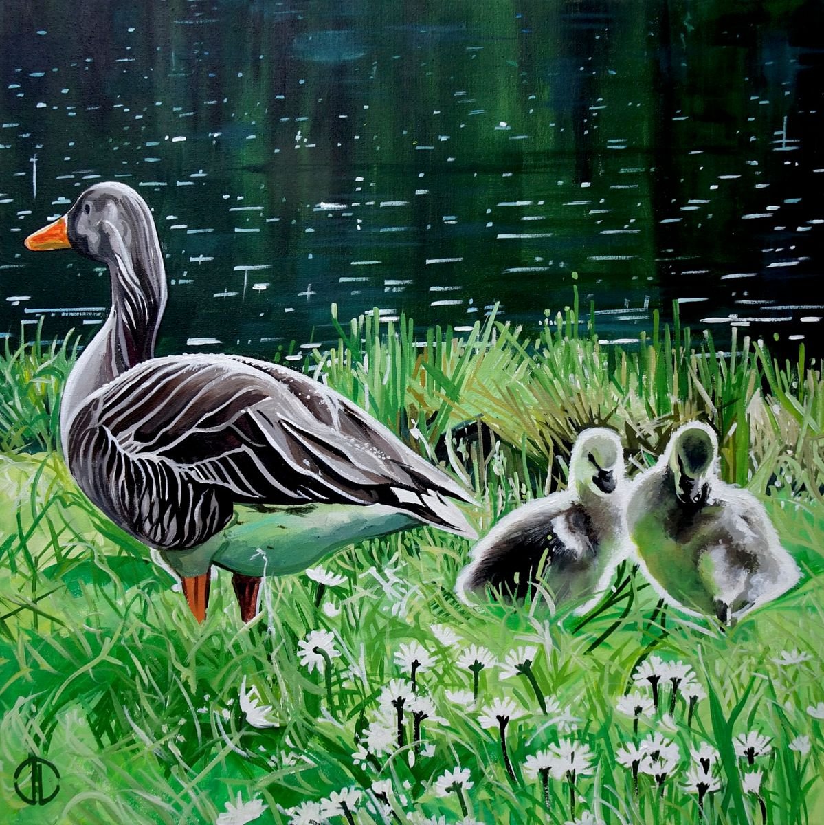 Impressionistic Animal Acrylic Painting By Joseph Lynch, 20 X 20, Two Little Ducks, Original Artwork