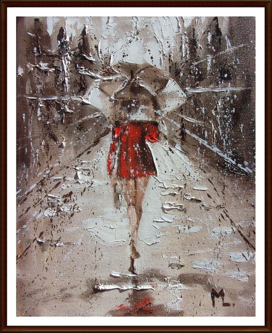 " LADY IN THE RAIN ... " original painting CITY palette knife