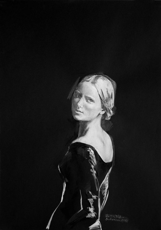 Renaissance girl portrait in black - minimalistic, modern, mixed media drawing. Realistic and illustrative.