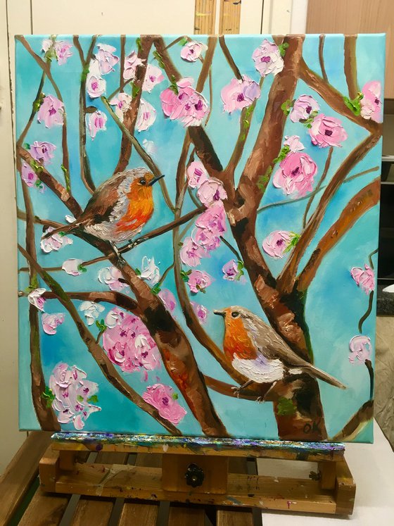 Spring songs, singing red breasted robins, spring in London, white, pink, bloom, oil painting