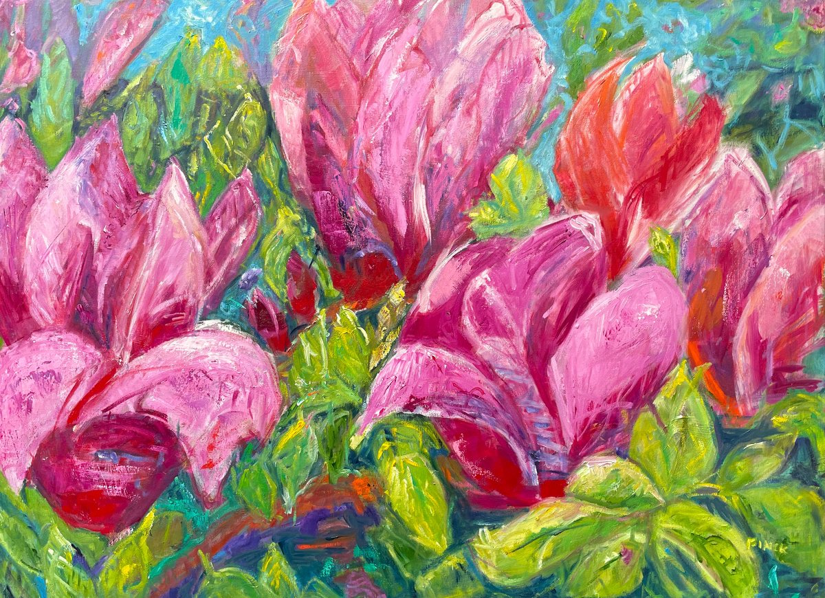 Expressive Botanical Oil Painting By Maureen Finck, 40 X 30", Magnolias, Original Artwork