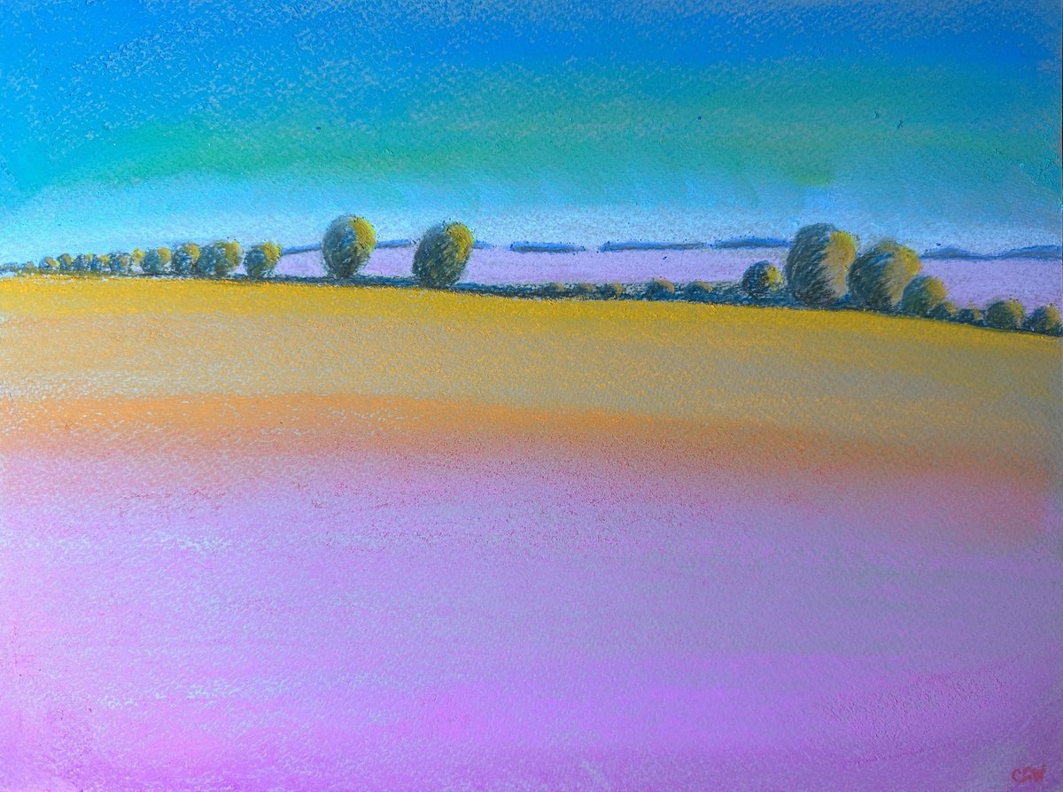 Impressionistic Landscape Pastel Drawing By Catherine Winget, 12 X 9, Abstract Evening Light Over Fields And Trees. Sunset - Landscape, Artfinder