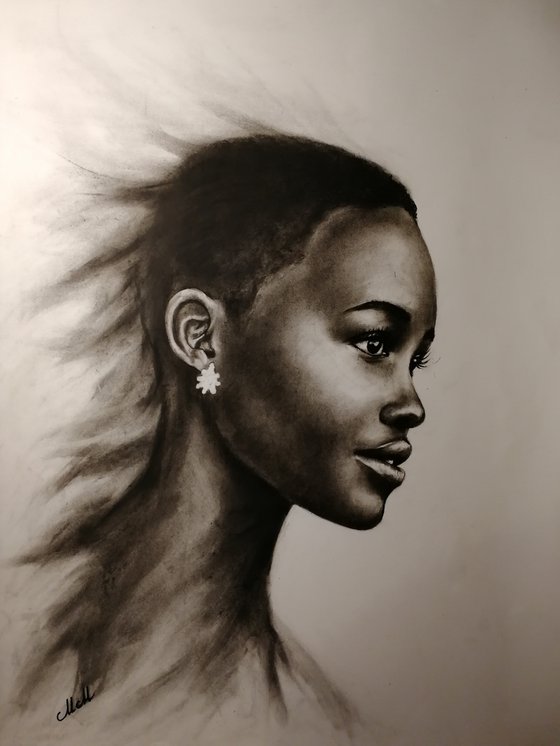 African beauty - original charcoal portrait painting