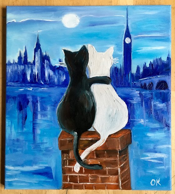 Cats in London. Mystic  night in London, Parliament.