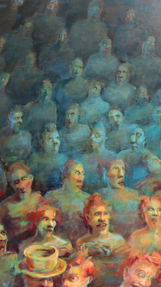 Original blue and yellow oil painting about theatre stage fright with detailed portraits of the audience