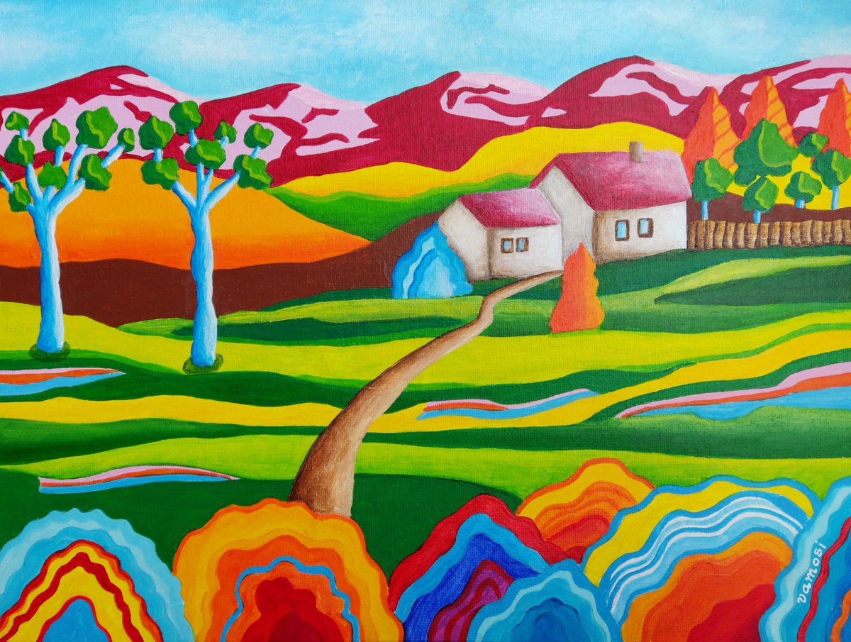 Urban And Pop Landscape Acrylic Painting By Vamosi Peter, 16 X 12", Blooming Spring, Original Artwork