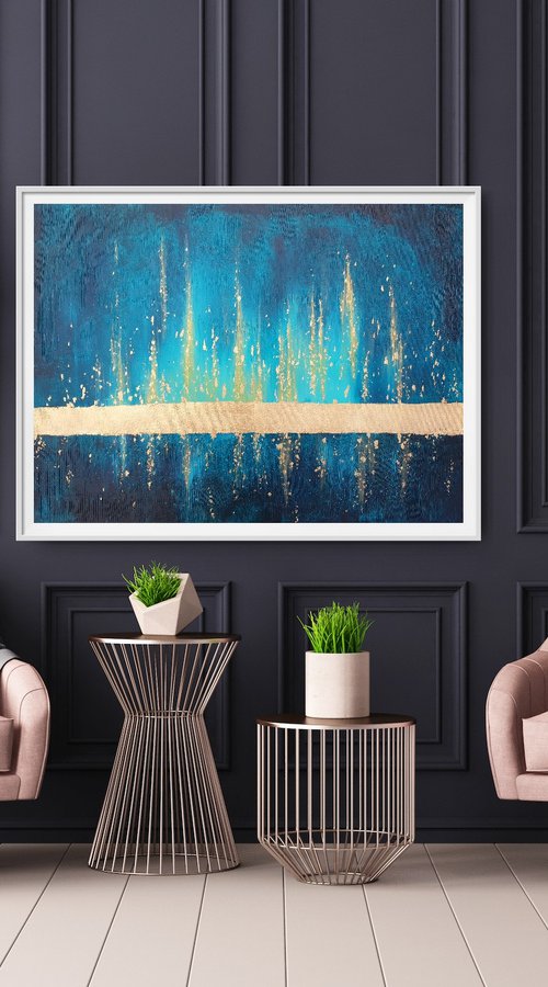 Large Abstract Original Painting with Gold Leaf 80x60cm Turquoise and Gold Deep Colors Artwork by JuliaP Art