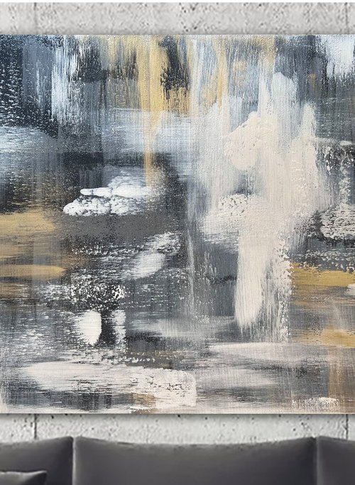 100x80cm Black Gold Gray Abstract on canvas. Nacre luxury. by Marina Skromova