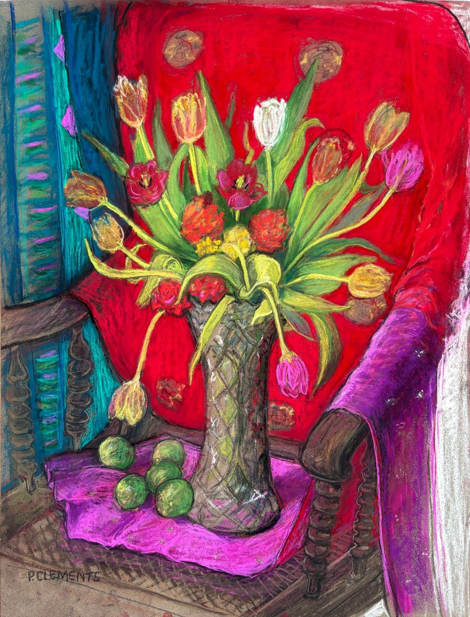 Impressionistic Still Life Pastel Drawing By Patricia Clements, 19 X 25", Tulips And Red Kimono, Original Artwork