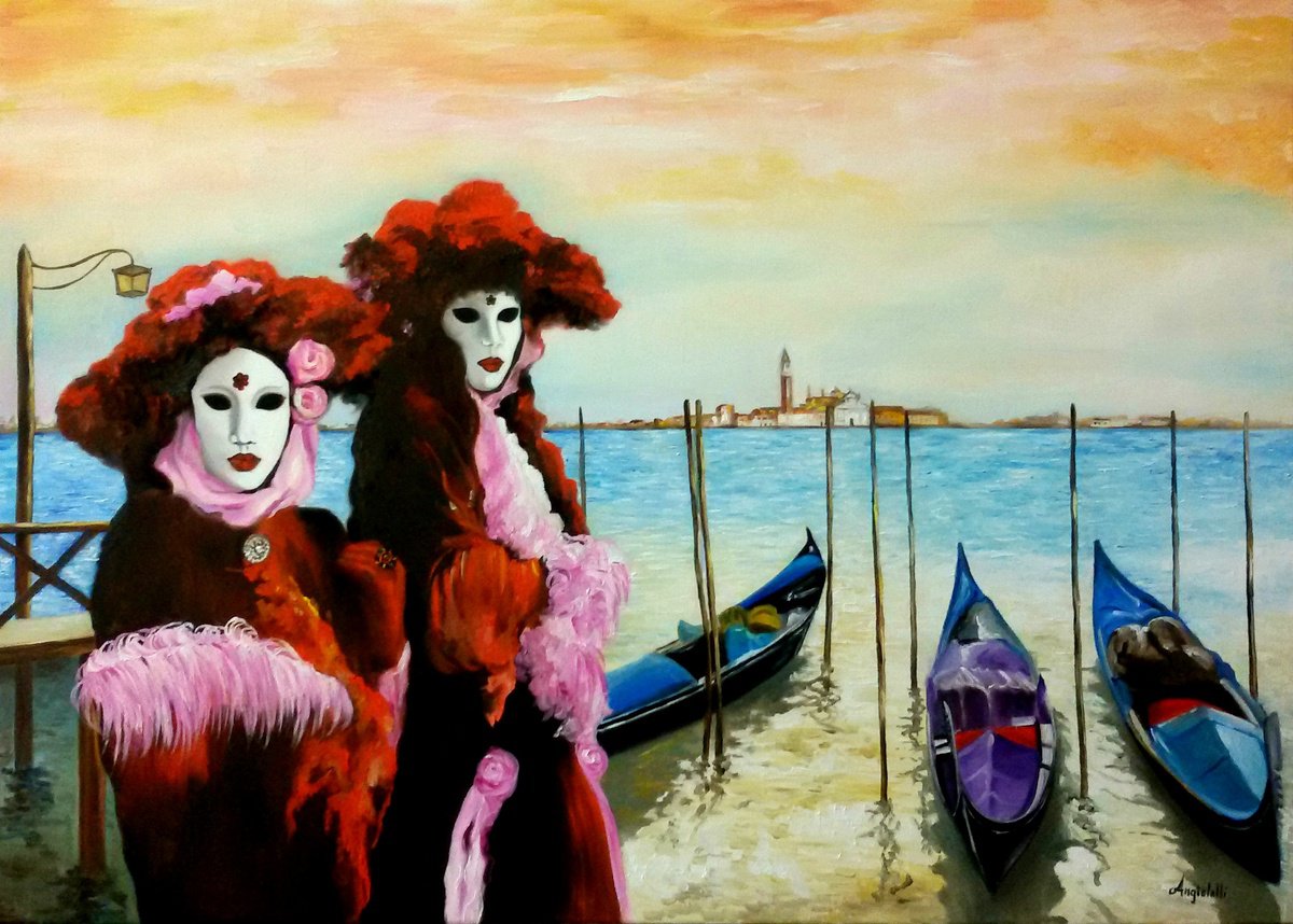 Photorealistic Landscape Oil Painting By Anna Rita Angiolelli, 28 X 20, Carnival In Venice, Original Artwork