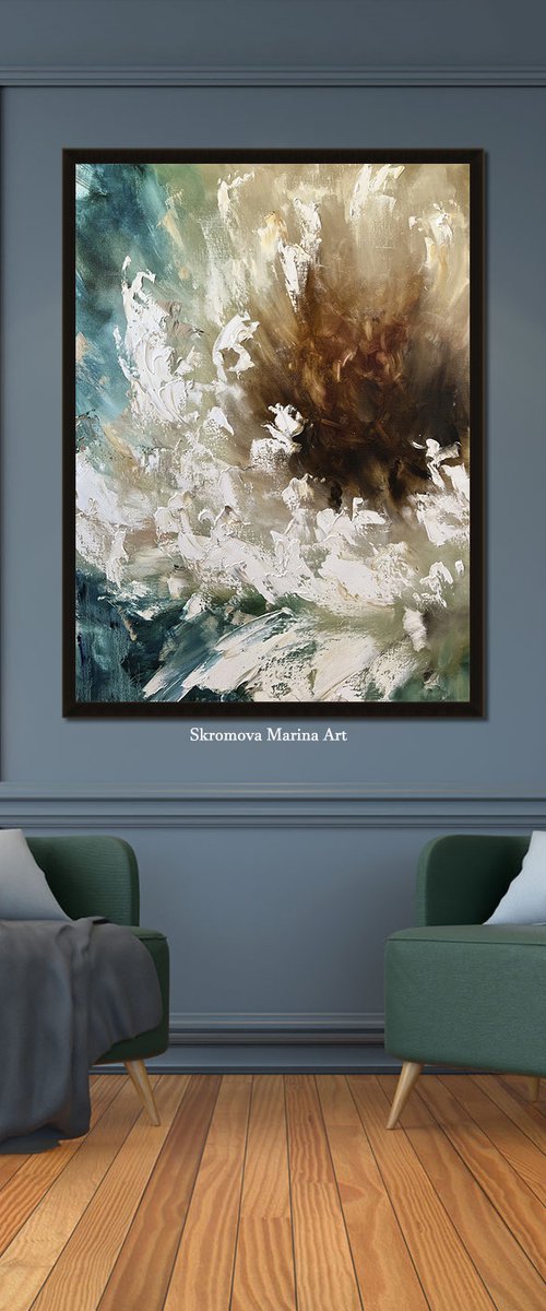 MALACHITE KING - Abstract. Peony. Macro. White. Emerland. Petals. Texture painting. 3d flower. Floral abstract. by Marina Skromova