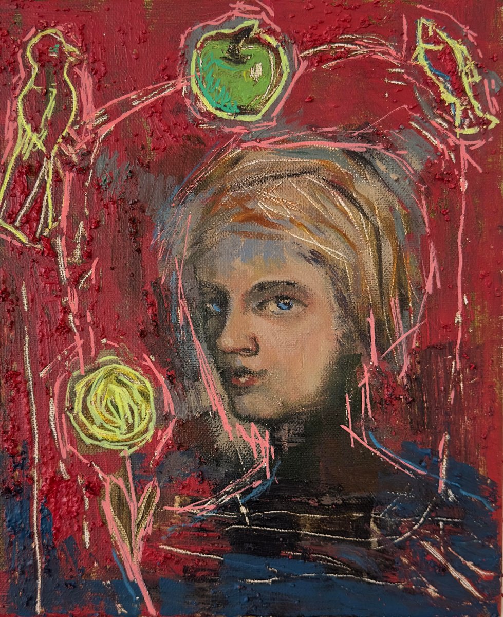 Expressive Portrait Acrylic Painting By Nikola Gulev, 10 X 12", "Fruits Of Knowledge", Original Artwork