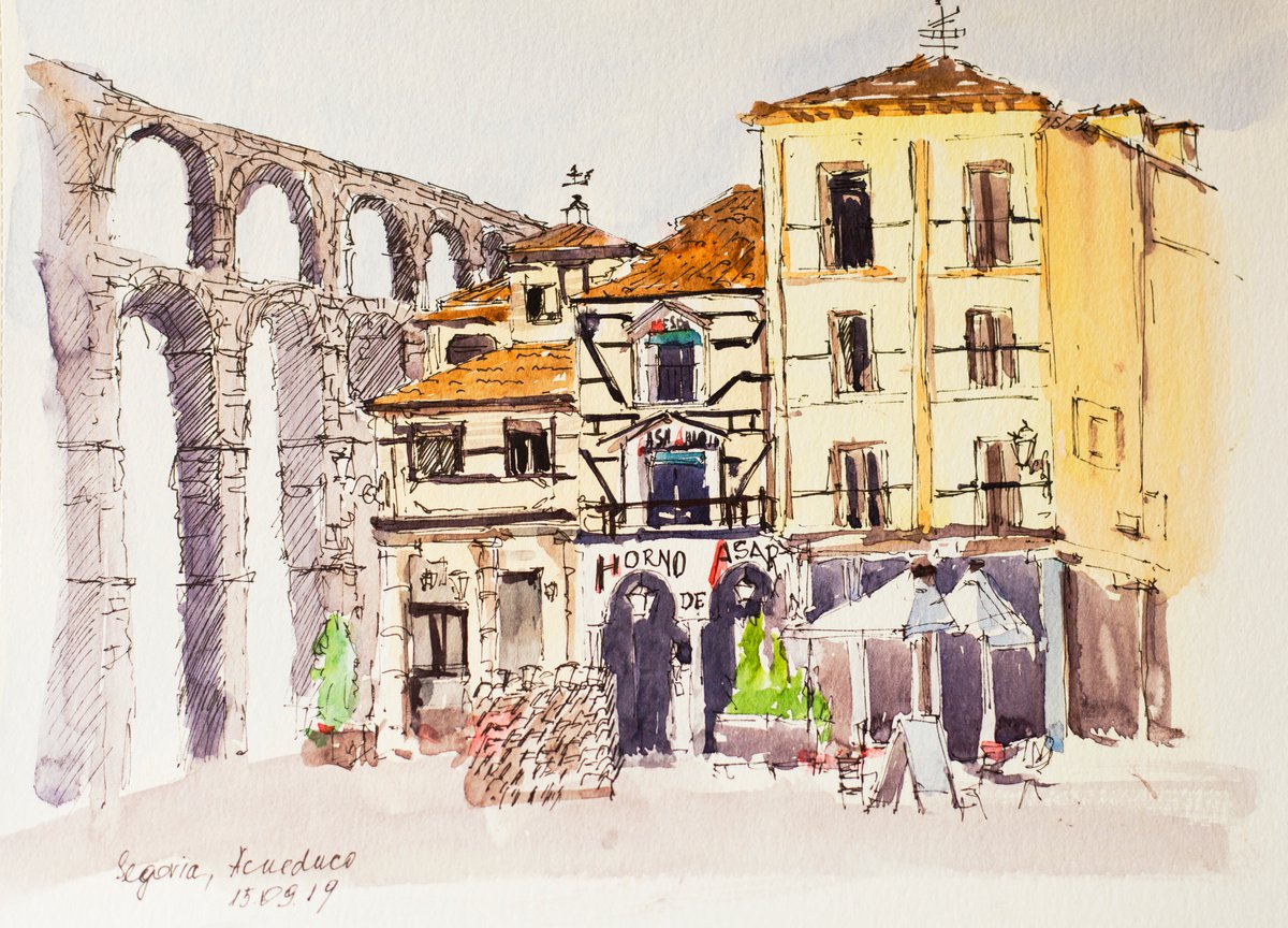 Segovia. Aqueduct. Live street sketch of old town square. URBAN WATERCOLOR LANDSCAPE STUDY... by Sasha Romm