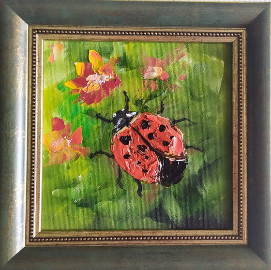 Ladybird, original small framed oil painting, gift idea, art for home