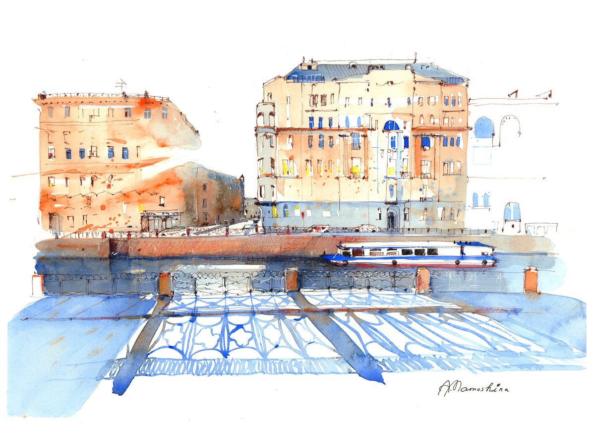 Impressionistic Cityscapes Watercolour By Anastasia Mamoshina, 17 X 12, Golden Morning In Peterburg, Original Artwork