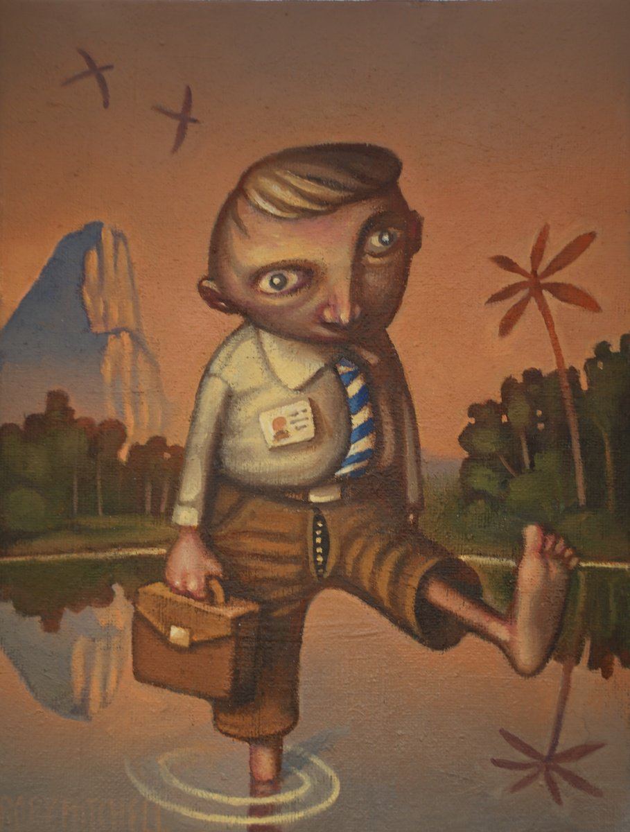 Naive Portrait Oil Painting By Rory Mitchell, 7 X 9", The Penny Drops, Original Artwork