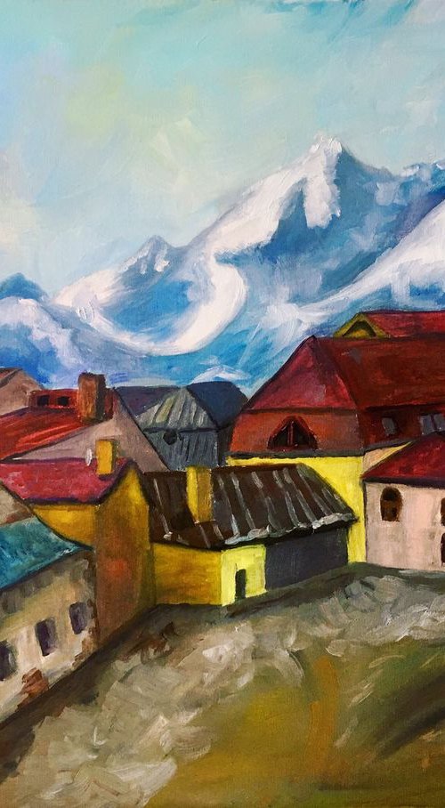 Slovak Original Oil Painting on Canvas Kežmarok. Mountain Town. by Kate Grishakova