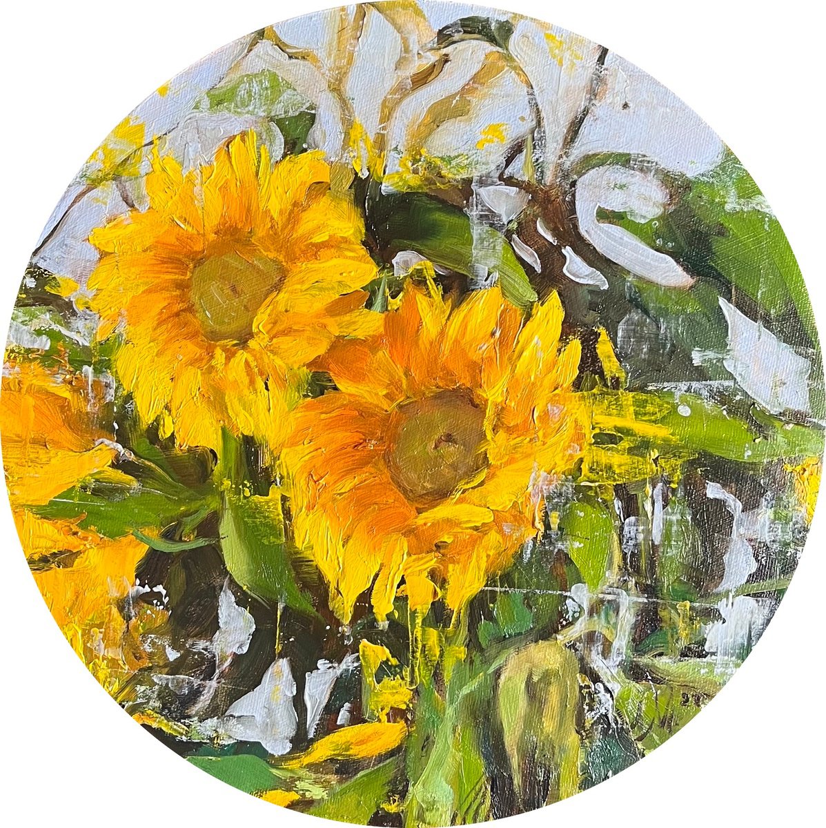 Impressionistic Botanical Oil Painting By Elena Mashajeva-Agraphiotis, 12 X 12, Sunflowers -Tournesols, Original Artwork