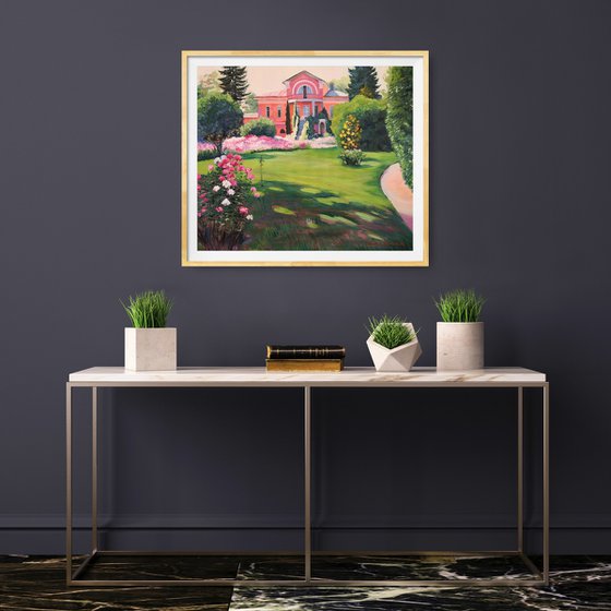 Impressionist landscape with a Manor and a Garden full of roses