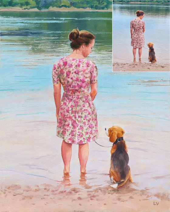 Personalized dog and owner oil portrait