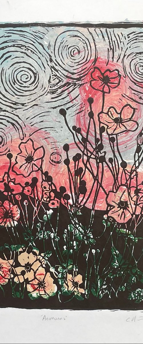 Anemones - Flower Contemporary Linocut Print by C Staunton