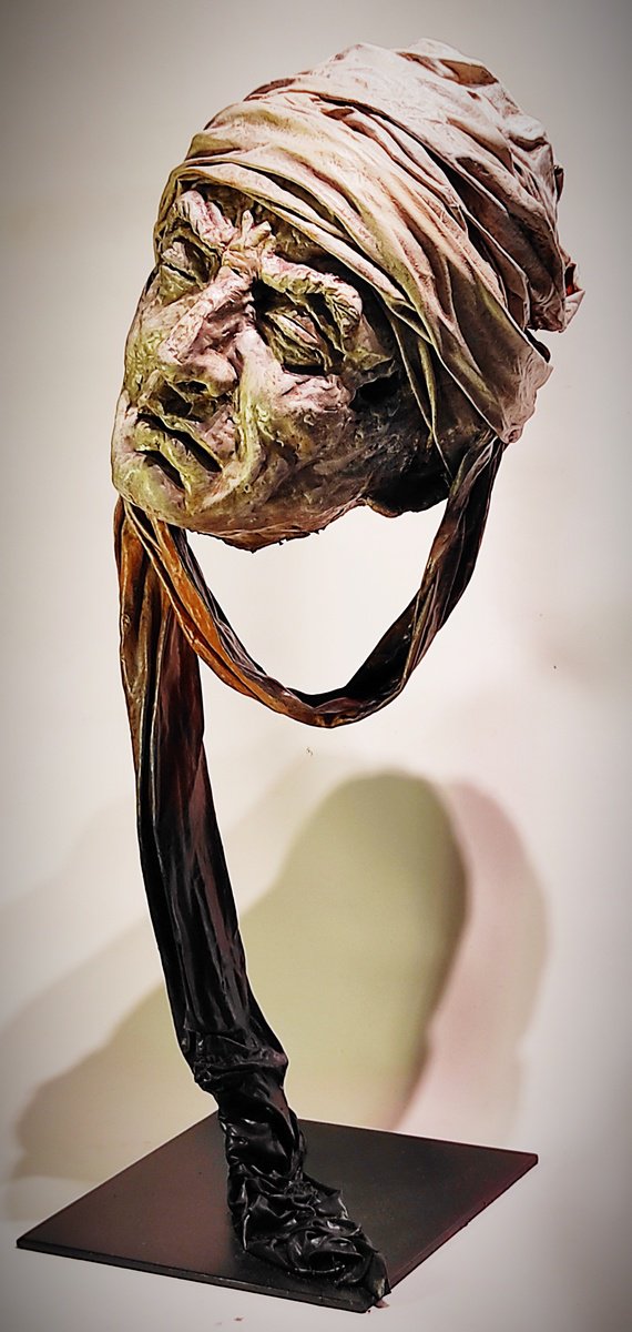 Expressive Portrait Clay Sculpture By Elena Kraft, 11 X 23, Tired Traveler I, Original Artwork