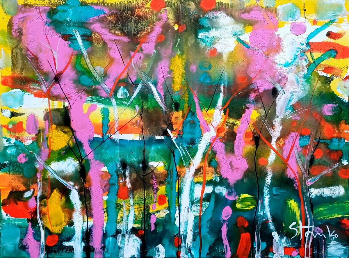 Abstract Acrylic Painting By Stanislav Bojankov, 31 X 24", Abstract Forest-Iii, Original Artwork