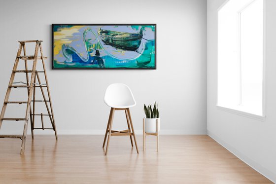 Big painting - "Swimming girl" - Pop Art - Lake - Boat - Bright seascape - Girl in water