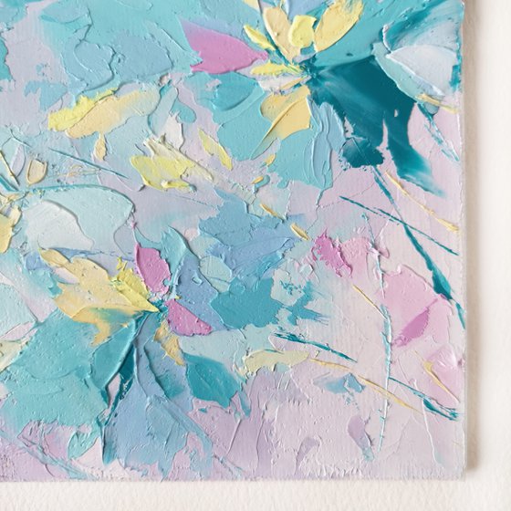 Light blue abstract flowers small oil painting "Winter in color"