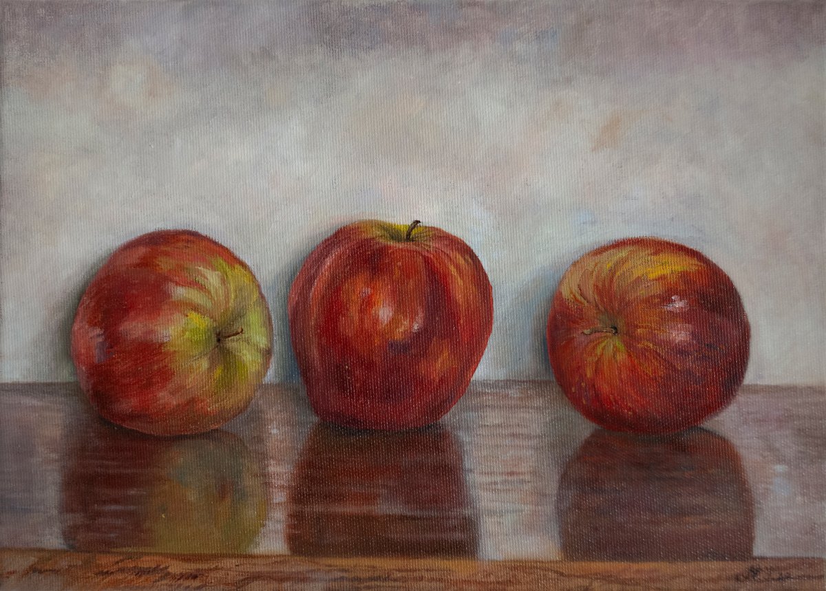 Photorealistic Oil Painting , Apple Trio By Nikola Ivanovic, 14 X 10, Artwork For Sale On Artfinder
