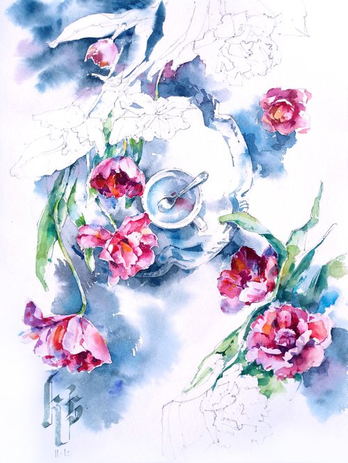 Original watercolor painting "Fantasy floral still life with tulips" by Ksenia Selianko