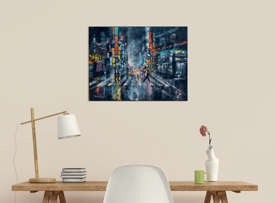 "Street of the night city" people with umbrella , original oil painting