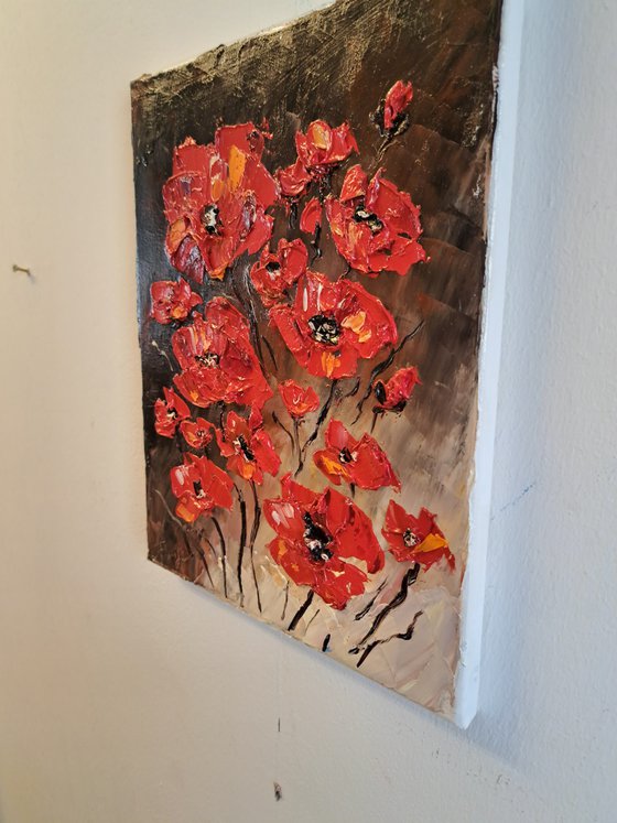 Red poppies brown background