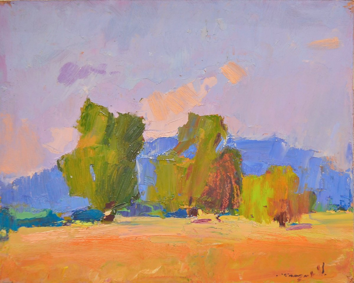 Impressionistic Landscape Oil Painting By Alexander Shandor, 16 X 14, Warm Day, Original Artwork