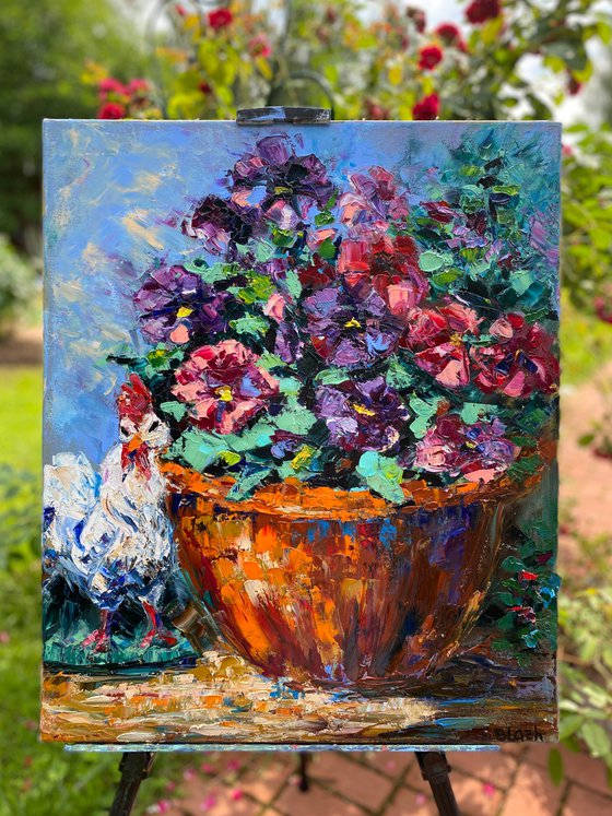 Country Life, 50*60, impressionistic oil still life garden flowers painting with impasto texture