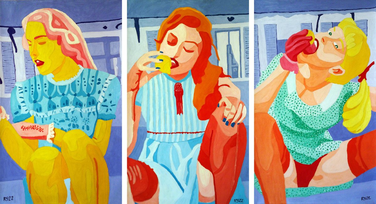 Three Young Woman Eating Fruit (Triptych) by Randall Steinke