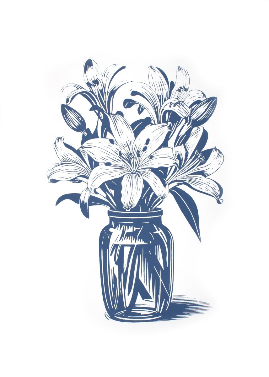 Illustrative Botanical Screenprint By Kosta Morr, 12 X 17", Lilies (Grey Blue 562), Original Artwork