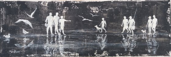 "Gulls island,  large Mixed Media painting, 90x30x2cm