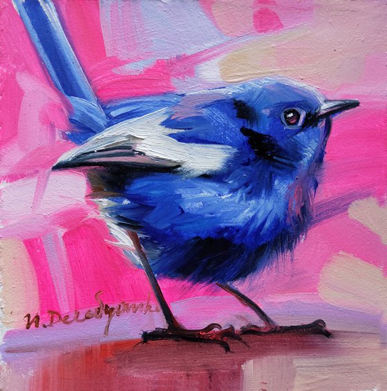 Blue Bird oil painting original 4x4 Fairy-wren bird artwork, Neon hot pink art gold frame, Small picture bird gift idea