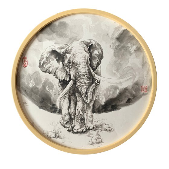 Elephant Ink Brush Painting, Original Artwork, Framed