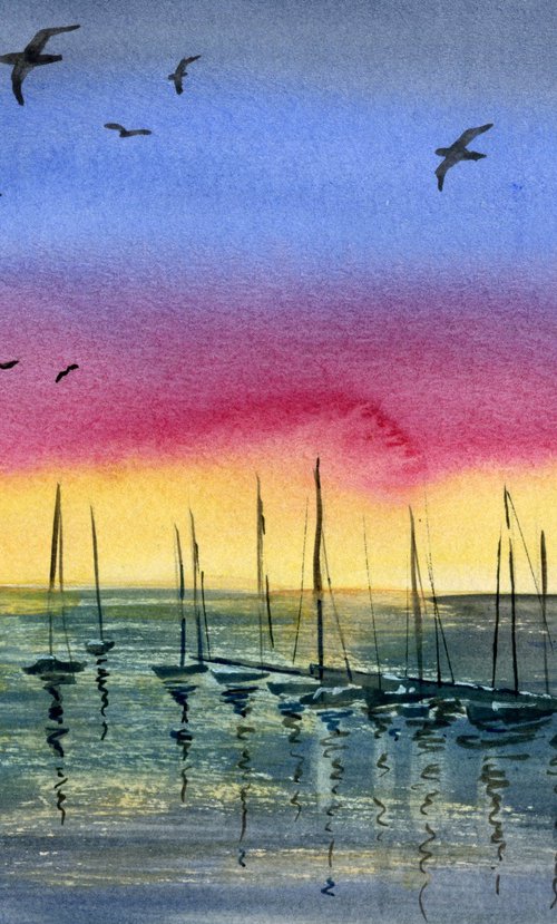 Watercolor sketch of a sunset from the pier. Original artwork. by Evgeniya Mokeeva