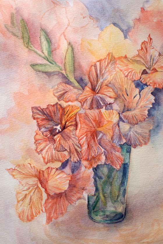 Watercolor peachy gladioluses