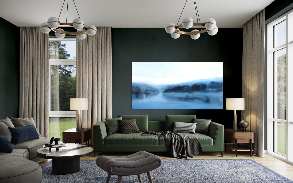 Abstract Landscape Oil Painting By Renata Retrova, 91 X 47", Sazava River, Original Artwork