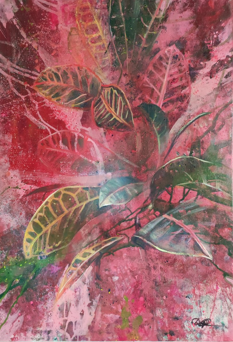 Abstract Botanical Acrylic Painting By Olga Onopko, 28 X 39", Croton, Original Artwork
